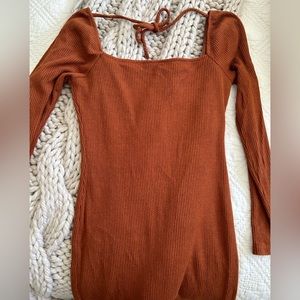 NWOT- Lush- Square Neck Fitted Long Sleeve Dress- Mocha- Size S